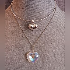 HEARTS- Bright & Shiny! 2 heart necklaces.   Metal on Collar & Crystal on Chain